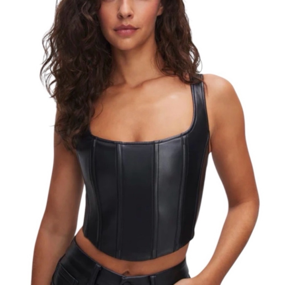 Good American Black Faux Leather Corset Crop Top